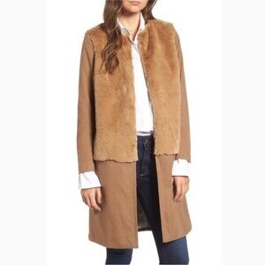 TREASURE AND BOND X SOMETHING NAVY FAUX FUR TOPPED COAT